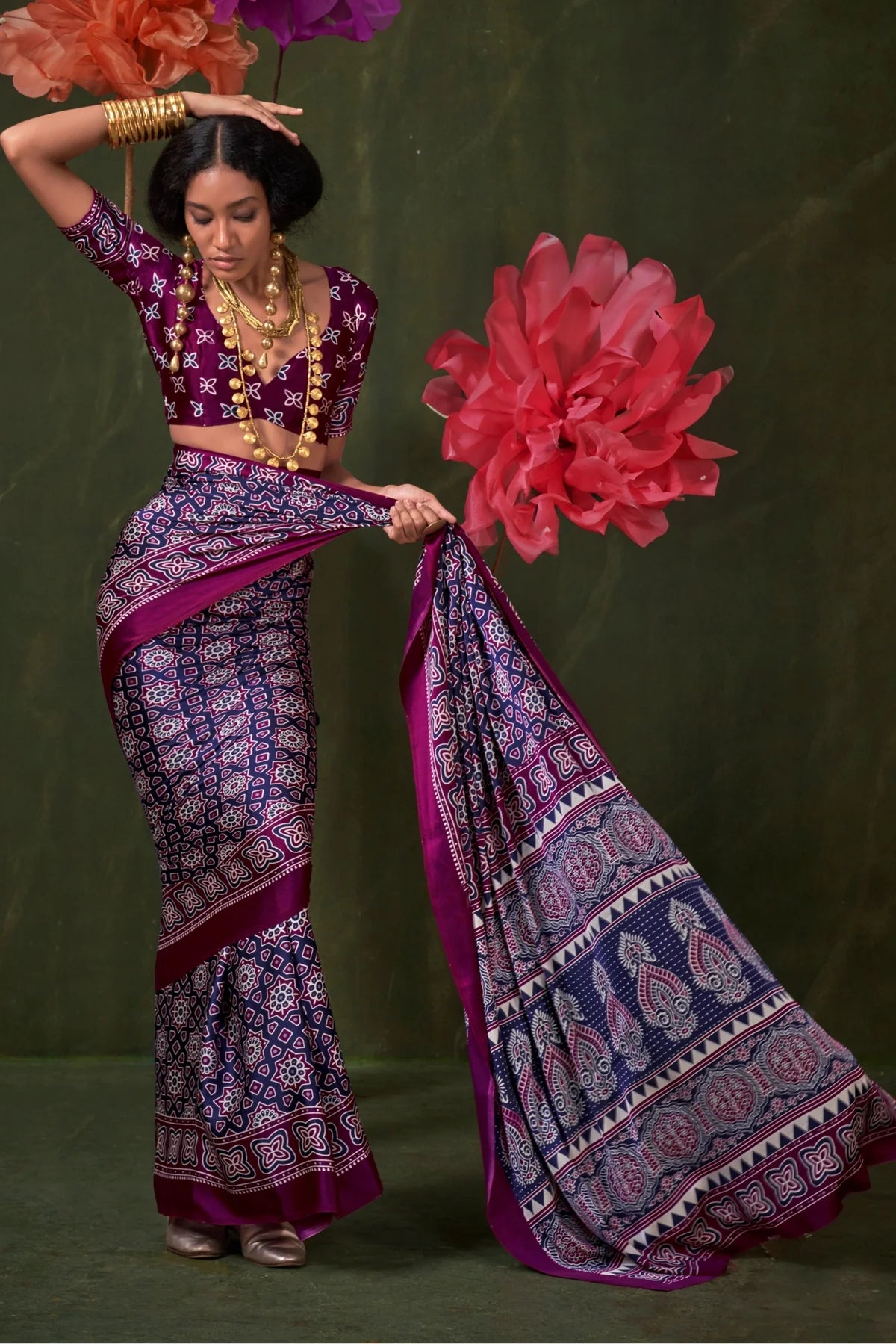 Purple Ajrakh Printed Satin Crepe Silk Saree