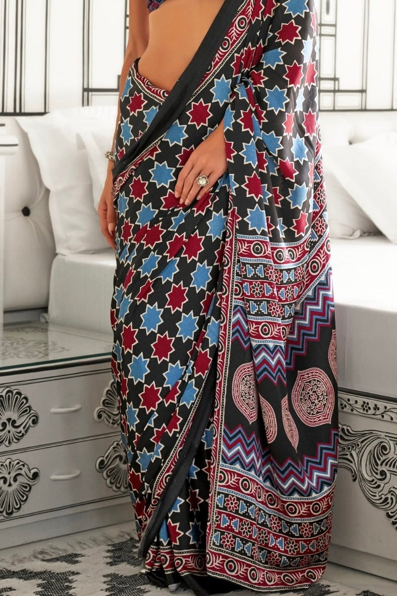 Black and Blue Ajrakh Printed Satin Crepe Saree