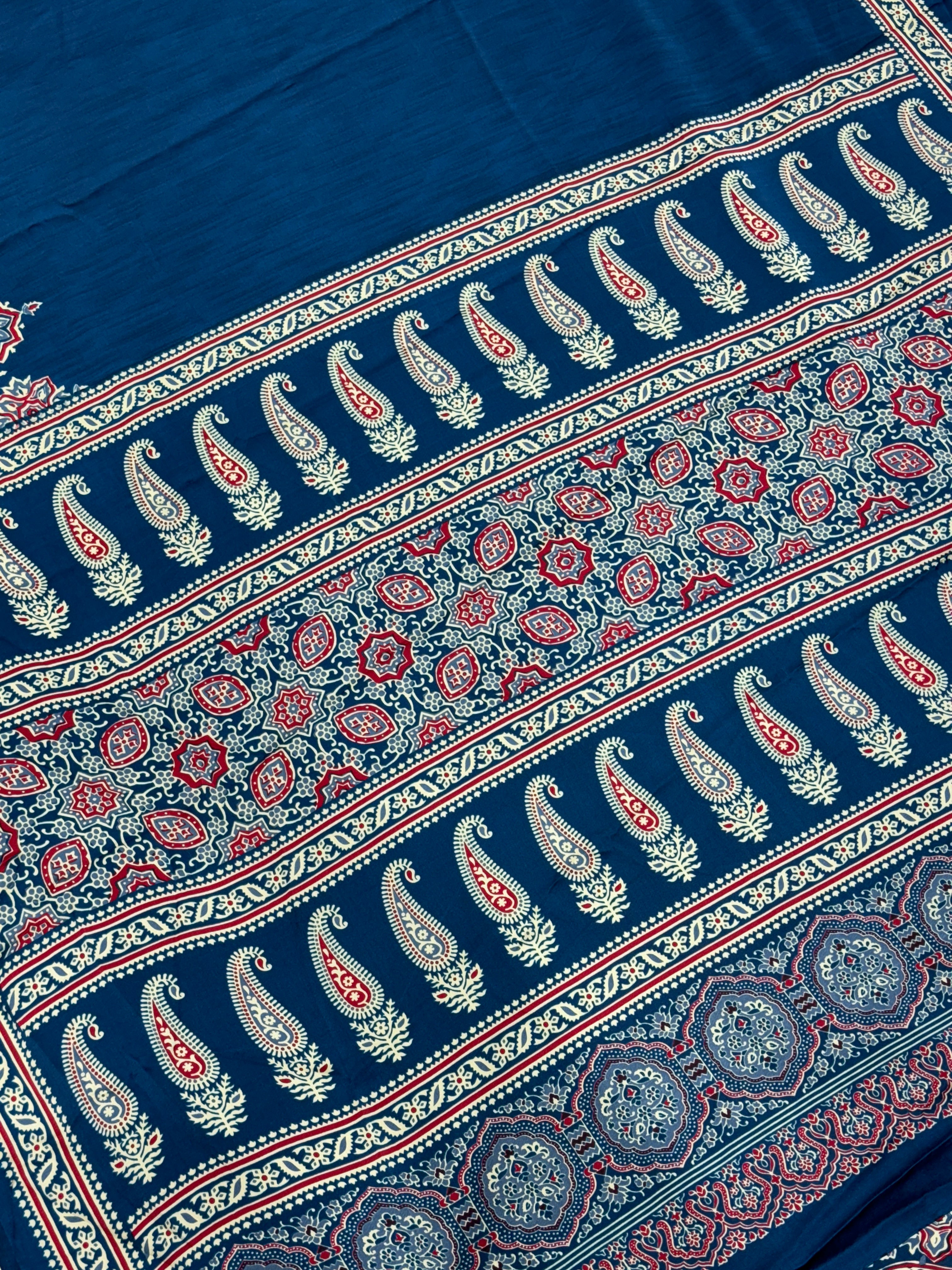 Blue Ajrakh Printed Modal Silk Plain Saree