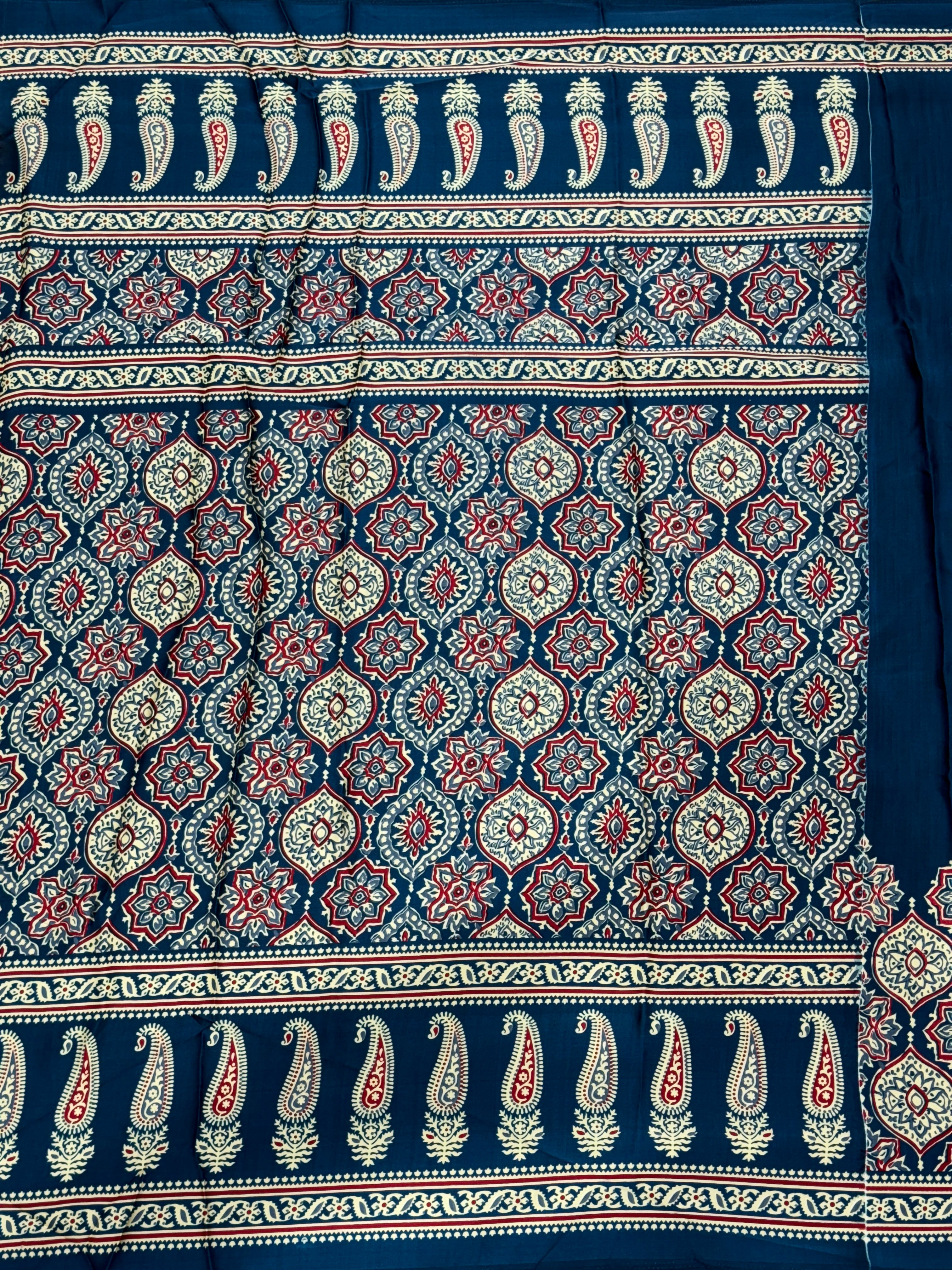 Blue Ajrakh Printed Modal Silk Plain Saree