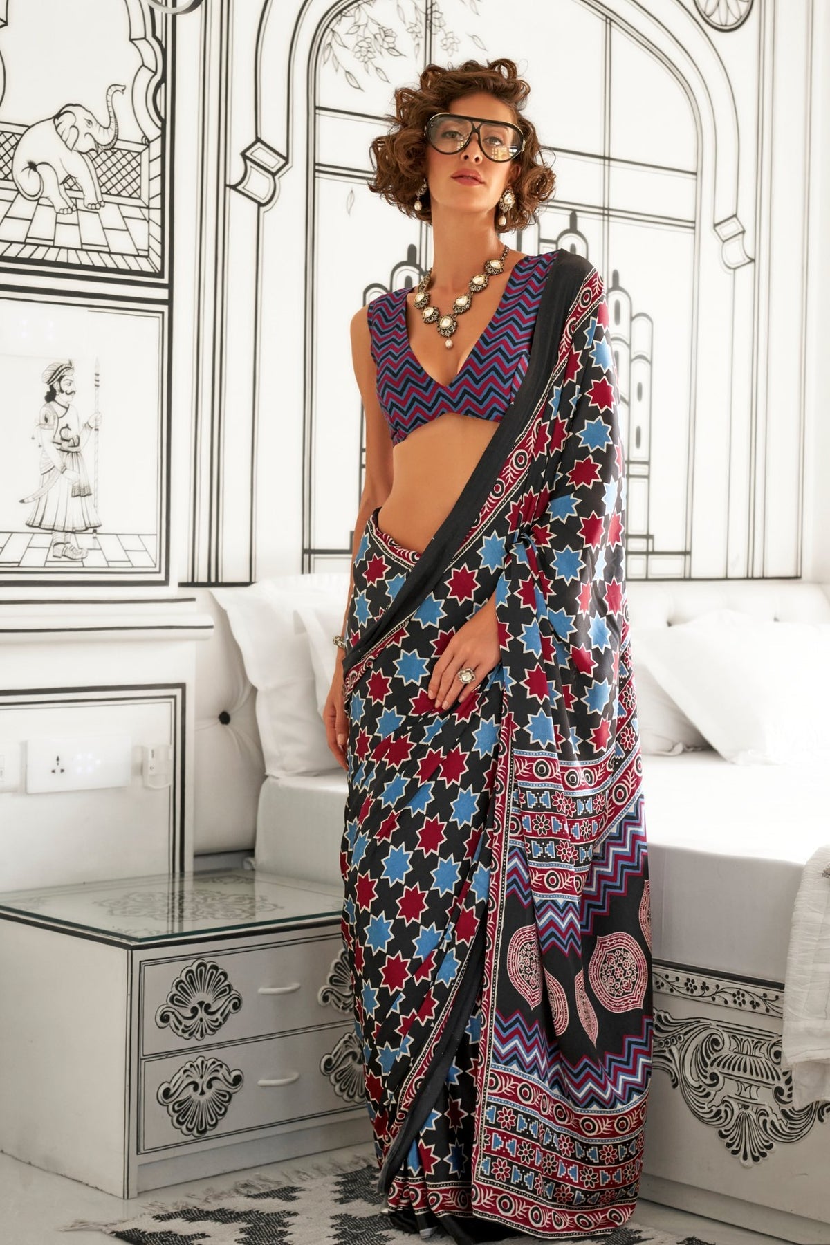 Black and Blue Ajrakh Printed Satin Crepe Saree