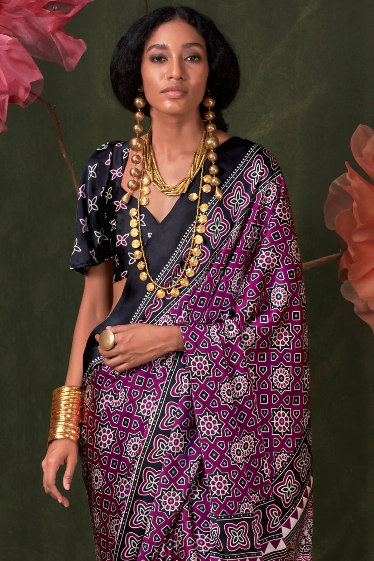 Purple Ajrakh Printed Satin Crepe Silk Saree