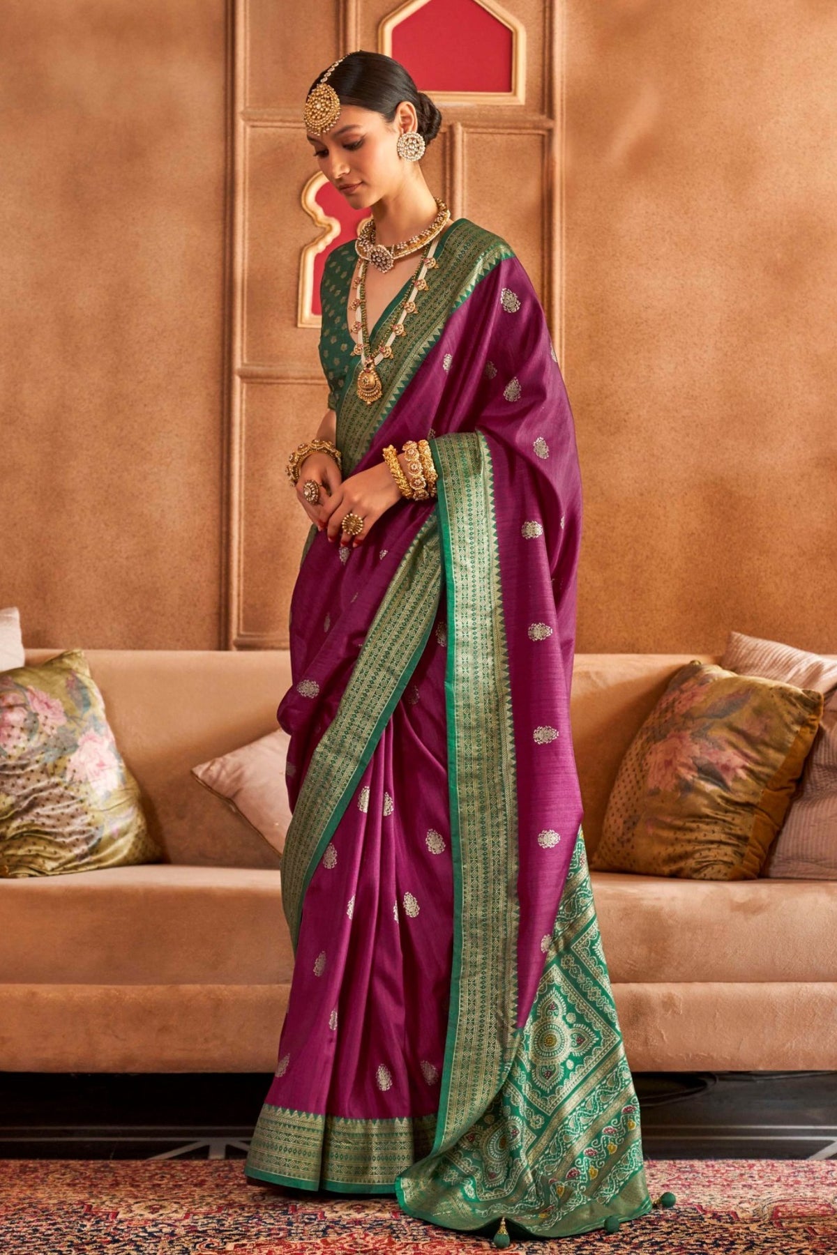 Purple and Green Printed Patola Saree