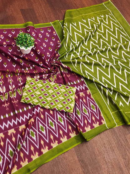 Elegant Maroon and Green Ikkat Cotton Saree