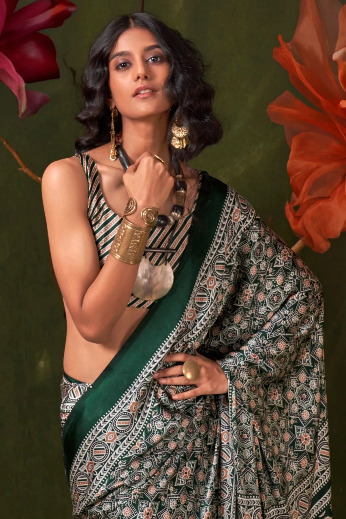Green Ajrakh Printed Satin Crepe Silk Saree