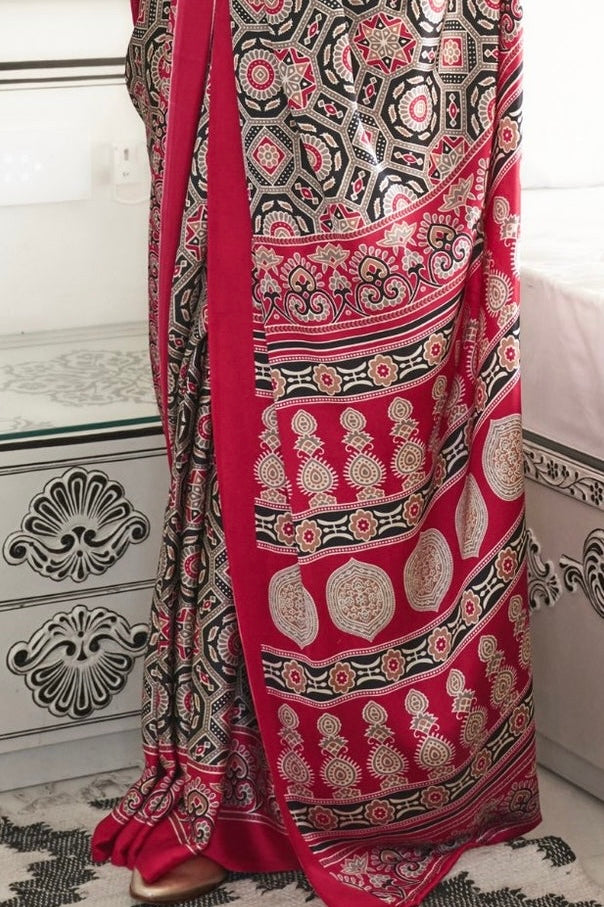 Red Ajrakh Printed Satin Crepe Saree