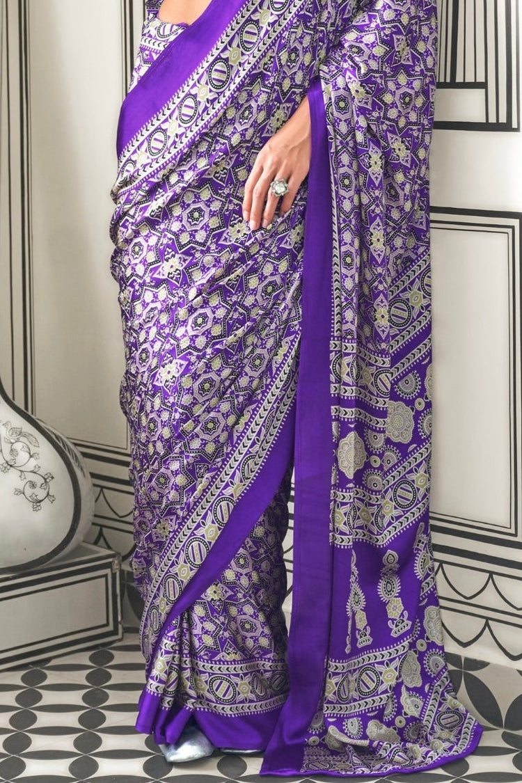 Purple Ajrakh Printed Satin Crepe Saree