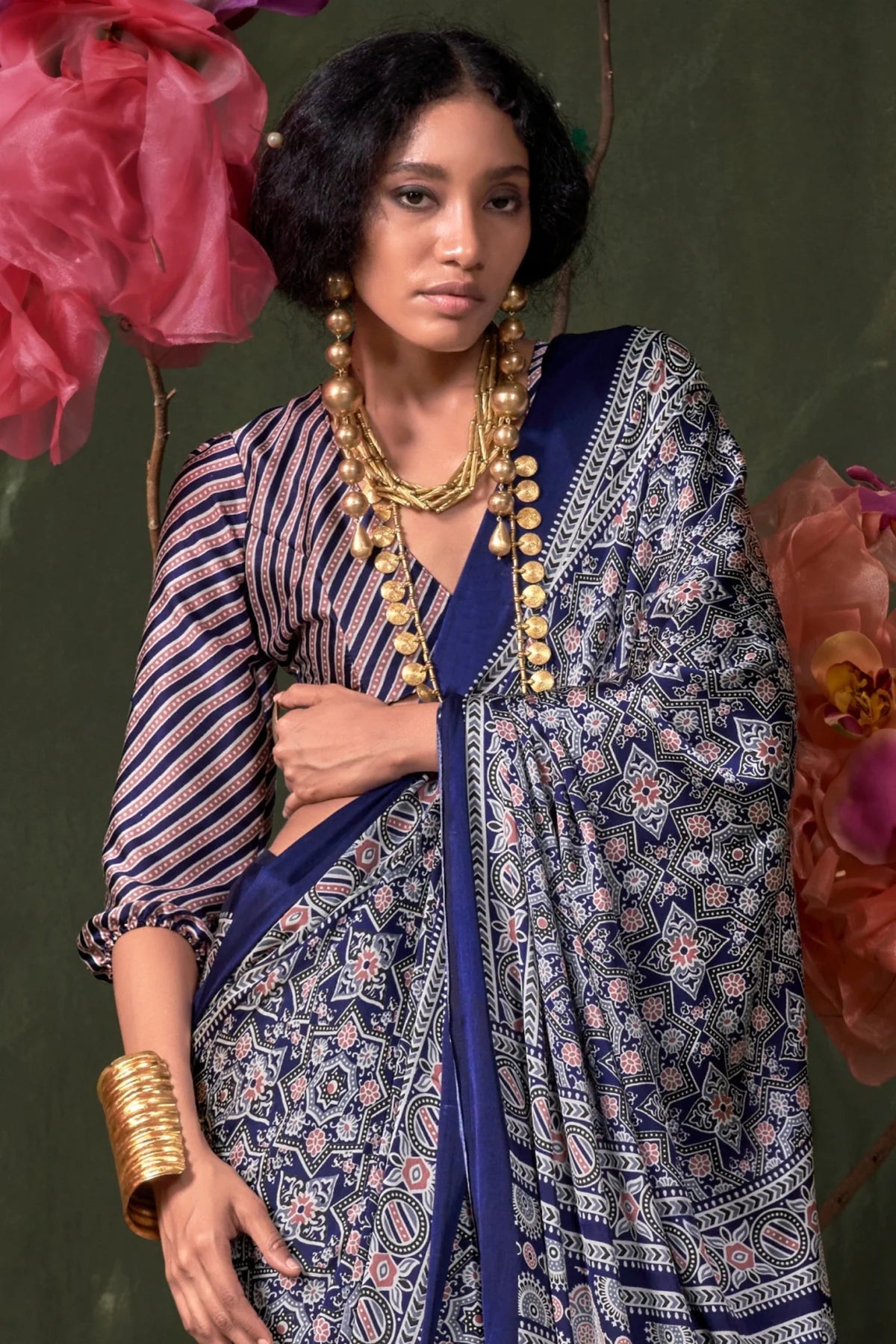Blue Ajrakh Printed Satin Crepe Silk Saree
