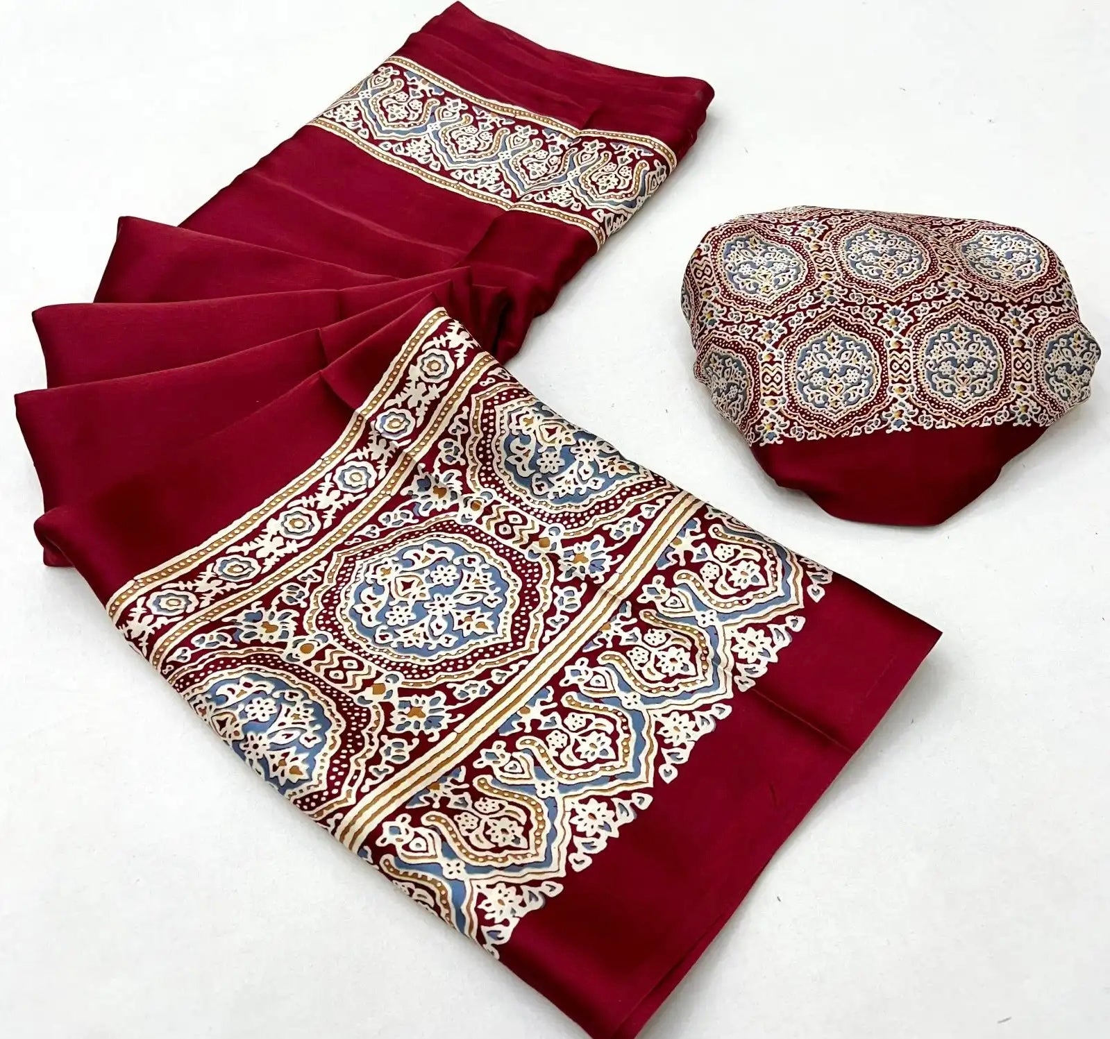 Crimson Maroon Ajrakh Gala Border Saree