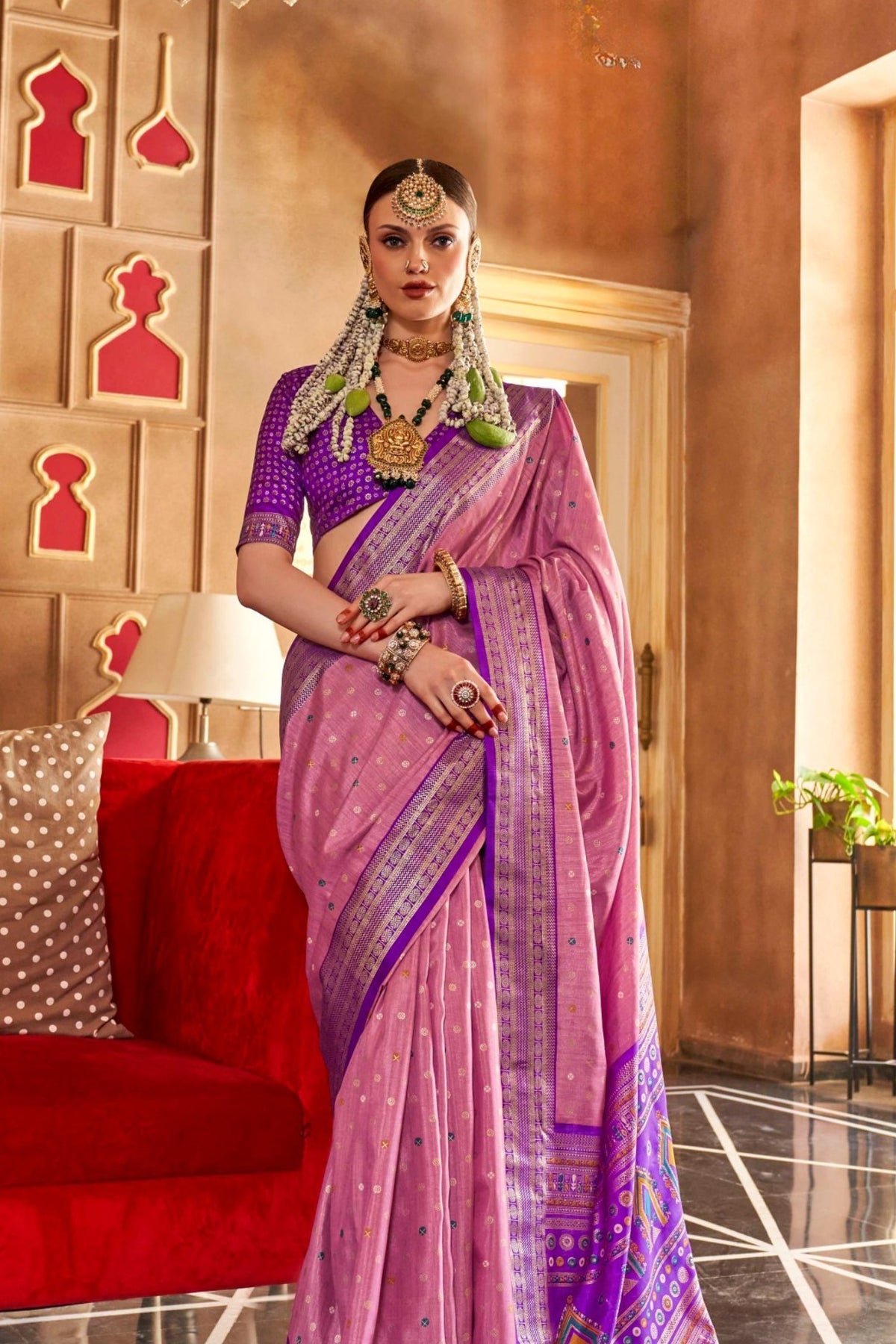 Rose Pink and Purple Accents Printed Patola Saree