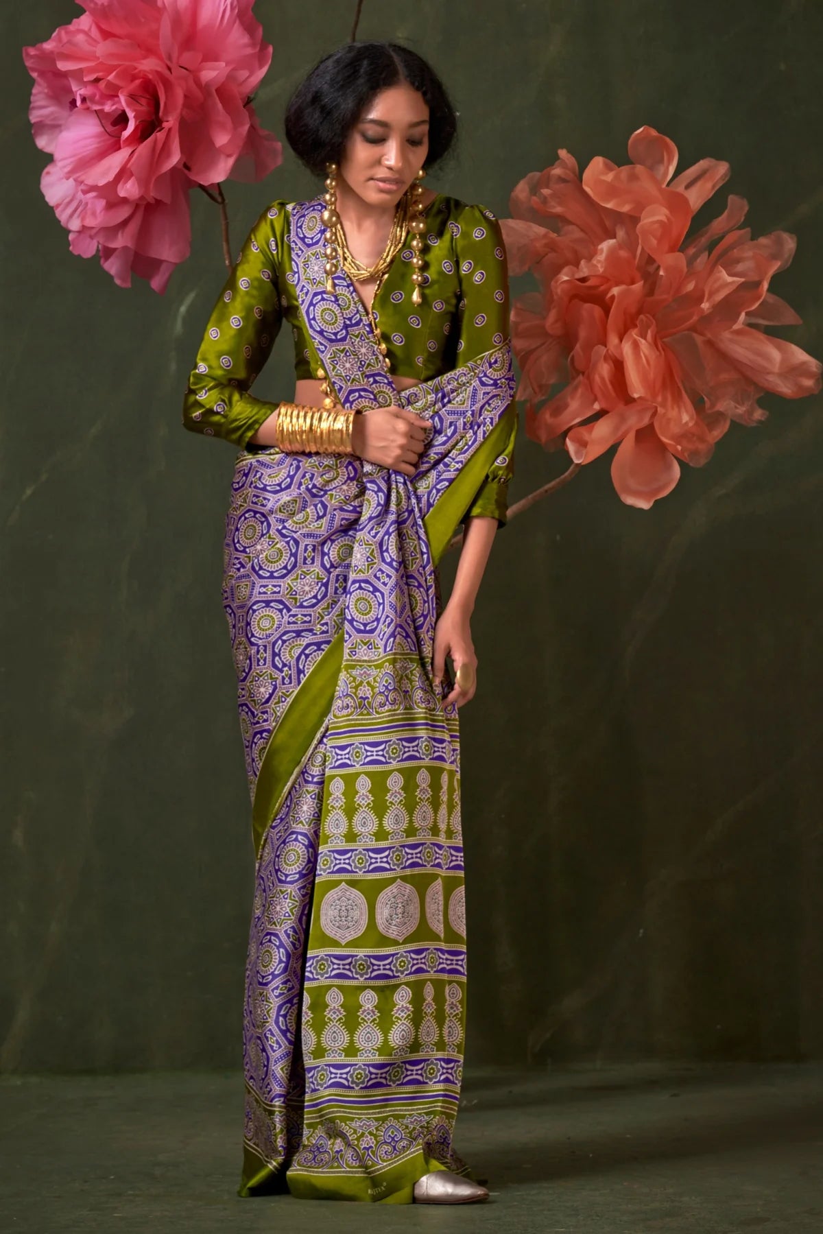 Purple and Green Ajrakh Printed Satin Crepe Silk Saree