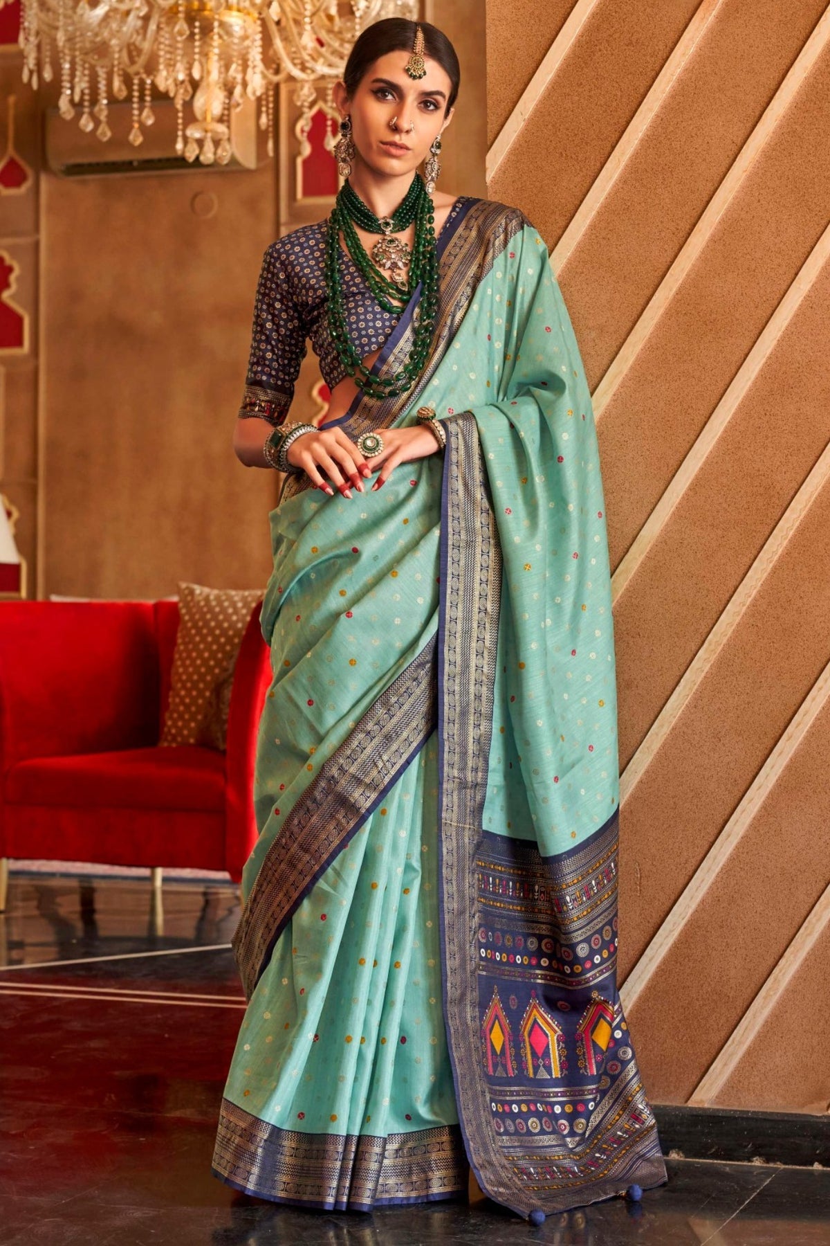 Mint Blue and Navy Printed Patola Saree