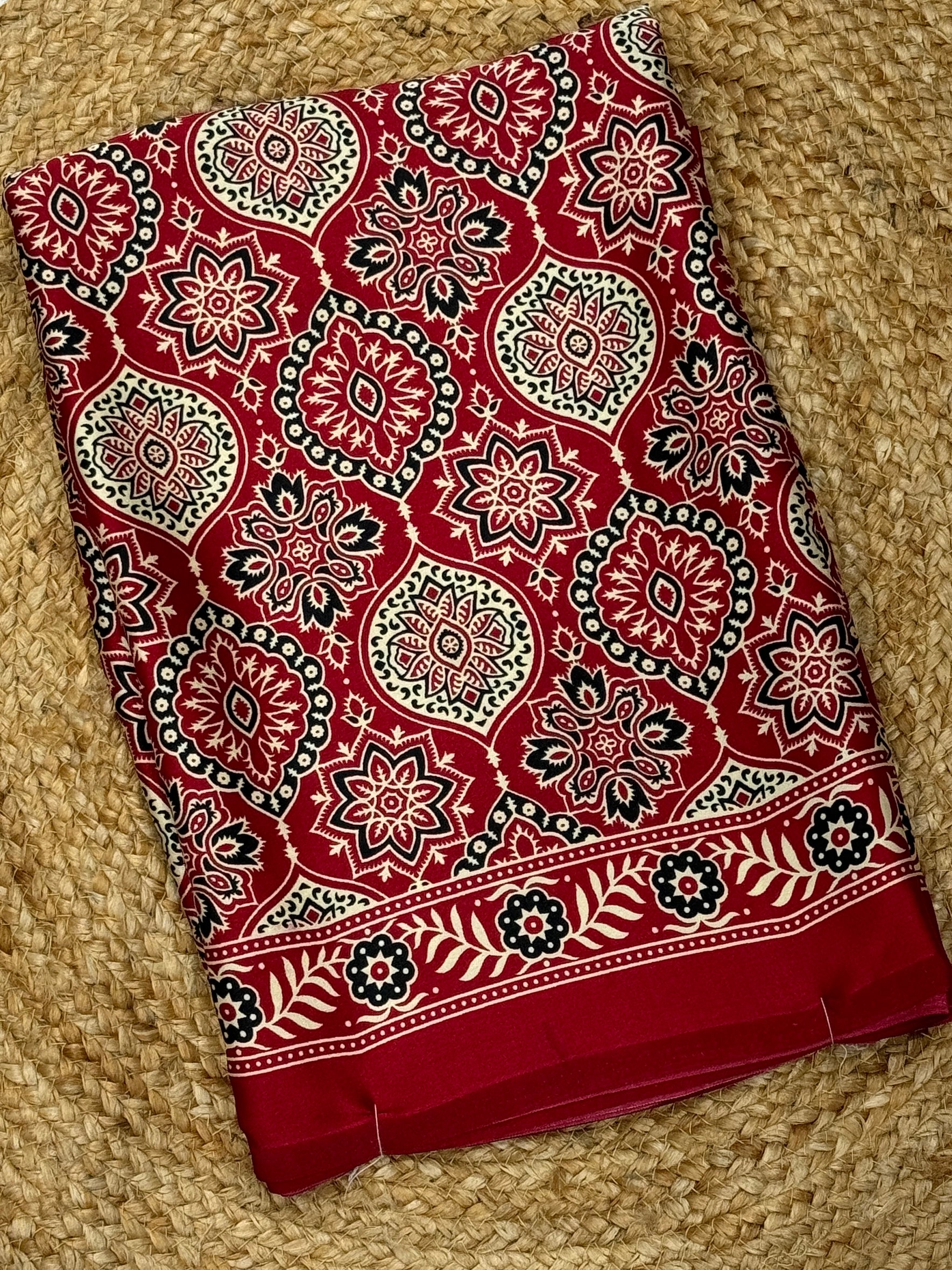 Red Ajrakh Printed Satin Crepe Silk Saree