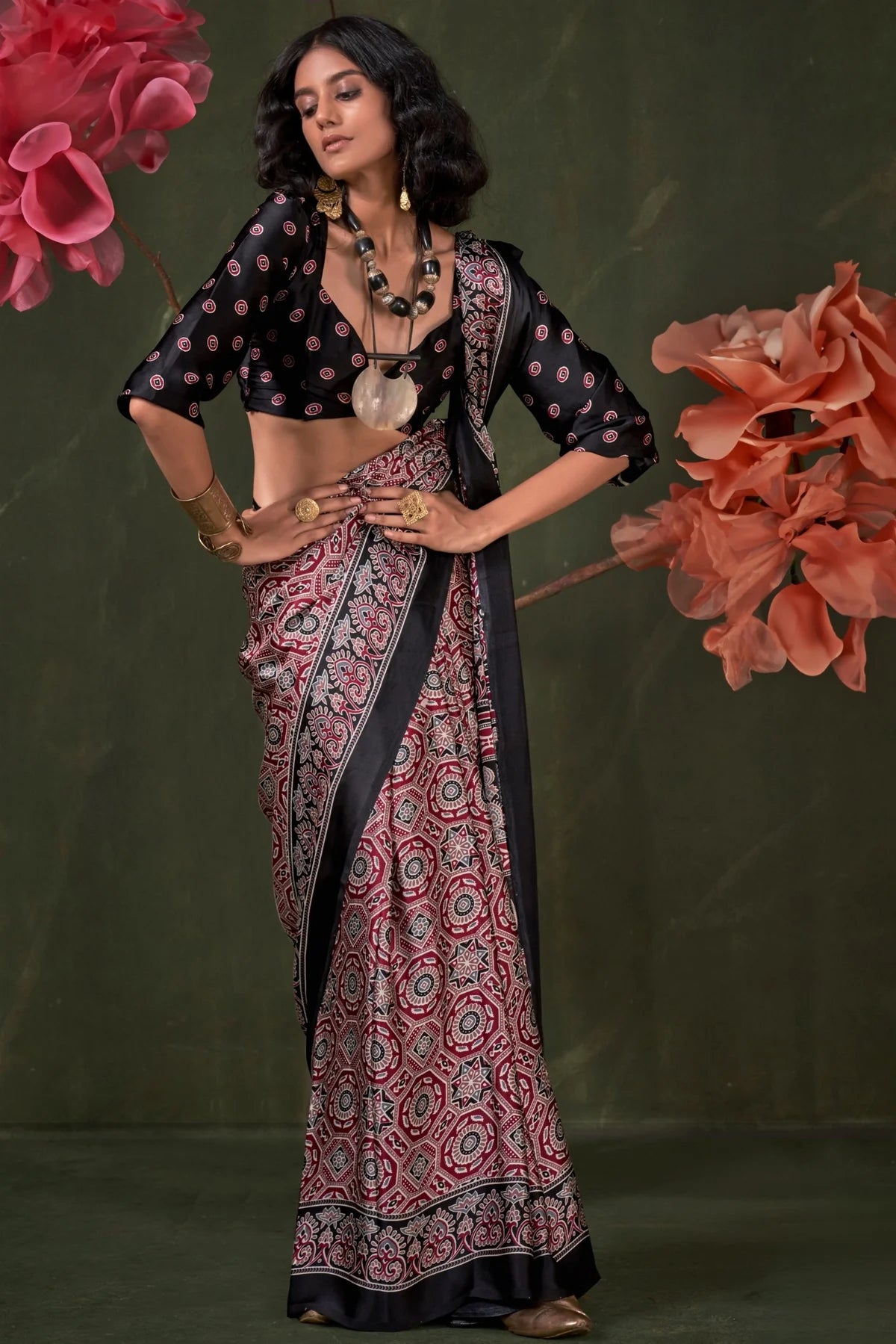 Maroon and Black Ajrakh Printed Satin Crepe Silk Saree