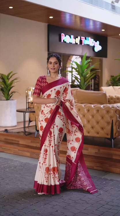 Off-White and Wine Printed Cotton Saree